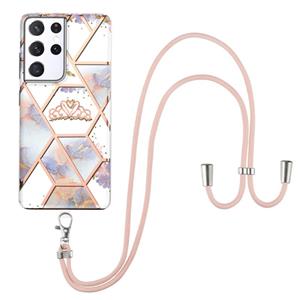 huismerk Voor Samsung Galaxy S21 Ultra 5G Electroplating Splicing Marmeren Bloempatroon TPU Schokbestendig Case met Lanyard (Imperial Crown)