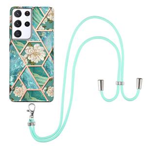 huismerk Voor Samsung Galaxy S21 Ultra 5G Electroplating Splicing Marmeren Bloempatroon TPU Shockproof Case met Lanyard (Blue Flower)