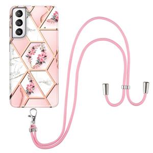 huismerk Voor Samsung Galaxy S21 + 5G Electroplating Splicing Marmeren Bloempatroon TPU Schokbestendig Case met Lanyard (Pink Flower)