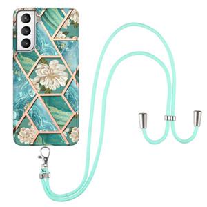 huismerk Voor Samsung Galaxy S21 + 5G Electroplating Splicing Marmeren Bloempatroon TPU Shockproof Case met Lanyard (Blue Flower)