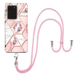 huismerk Voor Samsung Galaxy S20 Ultra Electroplating Splicing Marmeren Bloempatroon TPU Schokbestendig Case met Lanyard (Pink Flower)