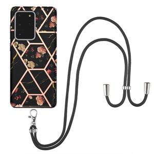 huismerk Voor Samsung Galaxy S20 Ultra Electroplating Splicing Marmeren Bloempatroon TPU Schokbestendig Case met Lanyard (Black Flower)