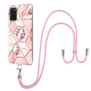 huismerk Voor Samsung Galaxy S20 + Electroplating Splicing Marble Flower Pattern TPU Shockproof Case met Lanyard (Pink Flower)