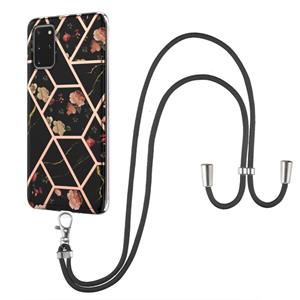 huismerk Voor Samsung Galaxy S20 + Electroplating Splicing Marble Flower Pattern TPU Shockproof Case met Lanyard (Black Flower)