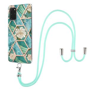 huismerk Voor Samsung Galaxy S20 + Electroplating Splicing Marmeren Bloempatroon TPU Schokbestendig Case met Lanyard (Blue Flower)