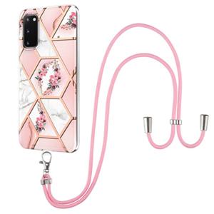 huismerk Voor Samsung Galaxy S20 Electroplating Splicing Marble Flower Pattern TPU Shockproof Case met Lanyard (Pink Flower)