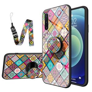 huismerk For Samsung Galaxy Note10 Painted Ethnic Pattern Tempered Glass TPU Shockproof Case with Folding Magnetic Holder & Neck Strap(Checkered)