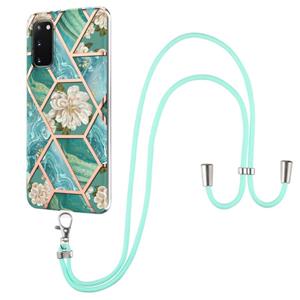 huismerk Voor Samsung Galaxy S20 Electroplating Splicing Marble Flower Pattern TPU Shockproof Case met Lanyard (Blue Flower)