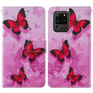 huismerk Voor Samsung Galaxy S20 Ultra Cross Texture Schilderpatroon Horizontaal Flip Lederen hoesje met Holder & Card Slots & Wallet & Lanyard(Pink Butterfly)