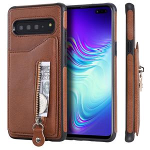 huismerk Voor Galaxy S10 5G effen kleur dubbele gesp rits schokbestendige beschermhoes (bruin)