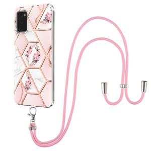 huismerk Voor Samsung Galaxy A02S EU-versie Electroplating Splicing Marble Flower Pattern TPU Shockproof Case met Lanyard (Pink Flower)