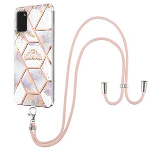 huismerk Voor Samsung Galaxy A02S EU-versie Electroplating Splicing Marmeren Bloempatroon TPU Schokbestendig Case met Lanyard (Imperial Crown)