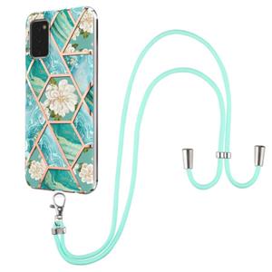 huismerk Voor Samsung Galaxy A02S EU-versie Electroplating Splicing Marble Flower Pattern TPU Shockproof Case met Lanyard (Blue Flower)