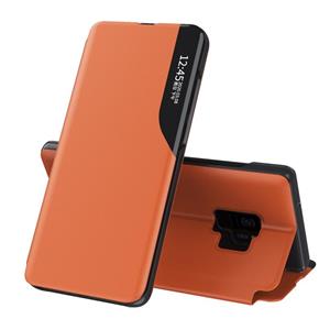 huismerk Voor Samsung Galaxy S9 Side Display Magnetic Shockproof Horizontale Flip Lederen Behuizing met houder(Oranje)