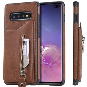 huismerk Voor Galaxy S10 plus effen kleur dubbele gesp rits schokbestendige beschermhoes (bruin)