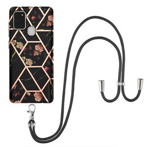 huismerk Voor Samsung Galaxy A21S Electroplating Splicing Marmeren Bloempatroon TPU Schokbestendig Case met Lanyard (Black Flower)