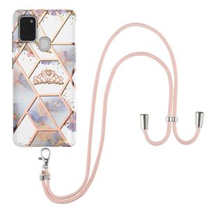 huismerk Voor Samsung Galaxy A21S Electroplating Splicing Marble Flower Pattern TPU Shockproof Case met Lanyard (Imperial Crown)