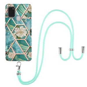 huismerk Voor Samsung Galaxy A21S Electroplating Splicing Marble Flower Pattern TPU Shockproof Case met Lanyard (Blue Flower)