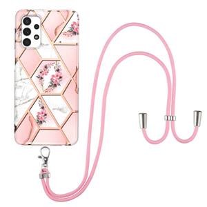 huismerk Voor Samsung Galaxy A32 5G Electroplating Splicing Marmeren Bloempatroon TPU Schokbestendig Case met Lanyard (Pink Flower)