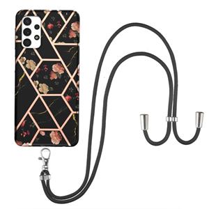 huismerk Voor Samsung Galaxy A32 5G Electroplating Splicing Marble Flower Pattern TPU Shockproof Case met Lanyard (Black Flower)