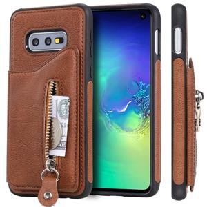 huismerk Voor Galaxy S10e effen kleur dubbele gesp rits schokbestendige beschermhoes (bruin)