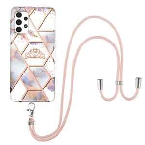 huismerk Voor Samsung Galaxy A32 5G Electroplating Splicing Marmeren Bloempatroon TPU Shockproof Case met Lanyard (Imperial Crown)