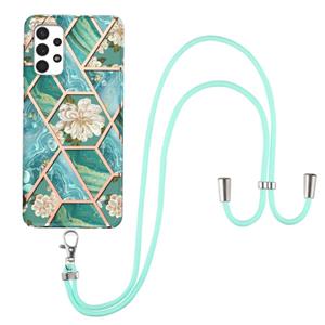 huismerk Voor Samsung Galaxy A32 5G Electroplating Splicing Marble Flower Pattern TPU Shockproof Case met Lanyard (Blue Flower)