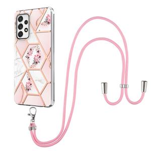 huismerk Voor Samsung Galaxy A52 5G / 4G Electroplating Splicing Marmeren Bloem Patroon TPU Shockproof Case met Lanyard (Pink Flower)