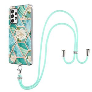 huismerk Voor Samsung Galaxy A52 5G / 4G Electroplating Splicing Marble Flower Pattern TPU Shockproof Case met Lanyard (Blue Flower)