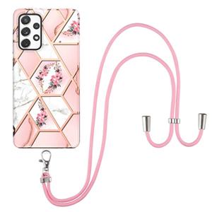 huismerk Voor Samsung Galaxy A72 5G / 4G Electroplating Splicing Marmeren Bloempatroon TPU Shockproof Case met Lanyard (Pink Flower)