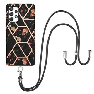 huismerk Voor Samsung Galaxy A72 5G / 4G Electroplating Splicing Marmeren Bloem Patroon TPU Schokbestendig Case met Lanyard (Black Flower)