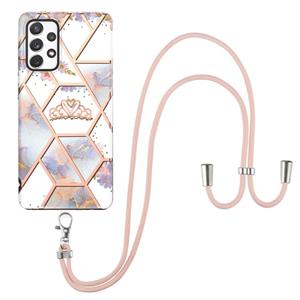 huismerk Voor Samsung Galaxy A72 5G / 4G Electroplating Splicing Marmeren Bloempatroon TPU Schokbestendig Case met Lanyard (Imperial Crown)