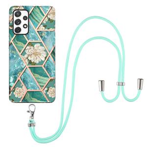 huismerk Voor Samsung Galaxy A72 5G / 4G Electloplating Splicing Marmeren Bloem Patroon TPU Schokbestendig Case met Lanyard (Blue Flower)