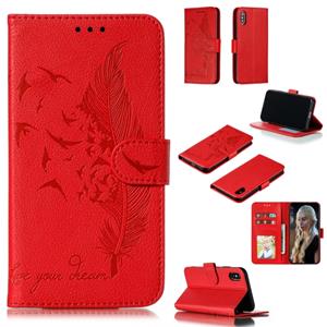 huismerk Feather patroon Litchi textuur horizontale Flip lederen draagtas met portemonnee & houder & kaartsleuven voor iPhone XS/X (rood)