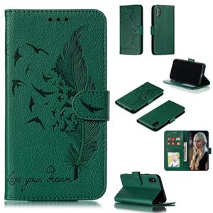 huismerk Feather patroon Litchi textuur horizontale Flip lederen draagtas met portemonnee & houder & kaartsleuven voor iPhone XS/X (groen)