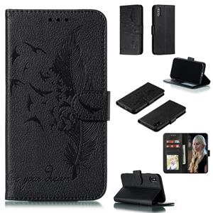 huismerk Feather patroon Litchi textuur horizontale Flip lederen draagtas met portemonnee & houder & kaartsleuven voor iPhone XS/X (zwart)