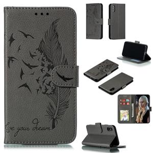 huismerk Feather patroon Litchi textuur horizontale Flip lederen draagtas met portemonnee & houder & kaartsleuven voor iPhone XS/X (grijs)