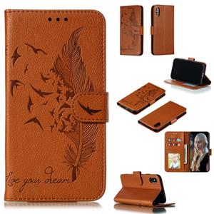 huismerk Feather patroon Litchi textuur horizontale Flip lederen draagtas met portemonnee & houder & kaartsleuven voor iPhone XS/X (bruin)