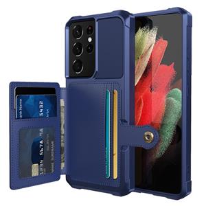 huismerk Voor Samsung Galaxy S21 Ultra 5G Magnetische Portemonnee Kaarttas Lederen Telefoonhoes (Navy Blue)