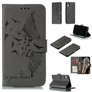 huismerk Feather patroon Litchi textuur horizontale Flip lederen draagtas met portemonnee & houder & kaartsleuven voor iPhone XR (grijs)