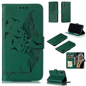 huismerk Feather patroon Litchi textuur horizontale Flip lederen draagtas met portemonnee & houder & kaartsleuven voor iPhone XS Max (groen)