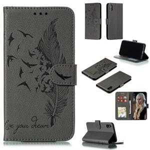 huismerk Feather patroon Litchi textuur horizontale Flip lederen draagtas met portemonnee & houder & kaartsleuven voor iPhone XS Max (grijs)