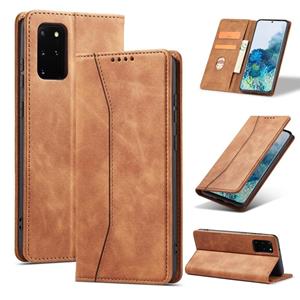 huismerk Voor Samsung Galaxy S20 5G Skin-Feel Calfskin Texture Magnetische Dual-Fold Horizontale Flip Leren Case Met Houder & Card Slots & Portemonnee (Bruin)