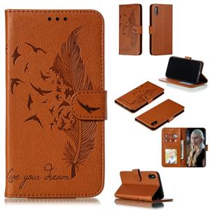 huismerk Feather patroon Litchi textuur horizontale Flip lederen draagtas met portemonnee & houder & kaartsleuven voor iPhone XS Max (bruin)