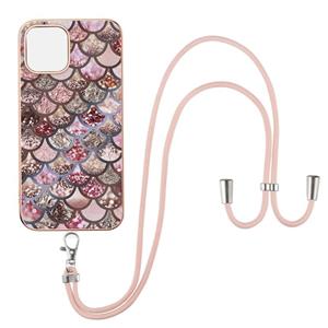 huismerk Electroplating Pattern IMD TPU Shockproof Case met neksleutel voor iPhone 13 Mini (roze schubben)