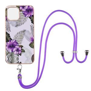 huismerk Electroplating Pattern IMD TPU Shockproof Case met neksleutel voor iPhone 13 Mini (paarse bloem)