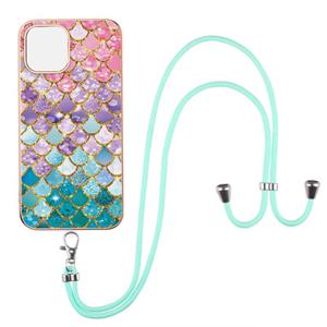 huismerk Electroplating Pattern IMD TPU Shockproof Case met Neck Lanyard voor iPhone 13 (kleurrijke schubben)