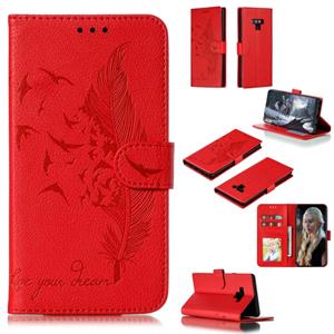 huismerk Feather patroon Litchi textuur horizontale Flip lederen draagtas met portemonnee & houder & kaartsleuven voor Galaxy Note9 (rood)