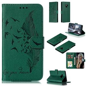 huismerk Feather patroon Litchi textuur horizontale Flip lederen draagtas met portemonnee & houder & kaartsleuven voor Galaxy Note9 (groen)