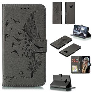 huismerk Feather patroon Litchi textuur horizontale Flip lederen draagtas met portemonnee & houder & kaartsleuven voor Galaxy Note9 (grijs)